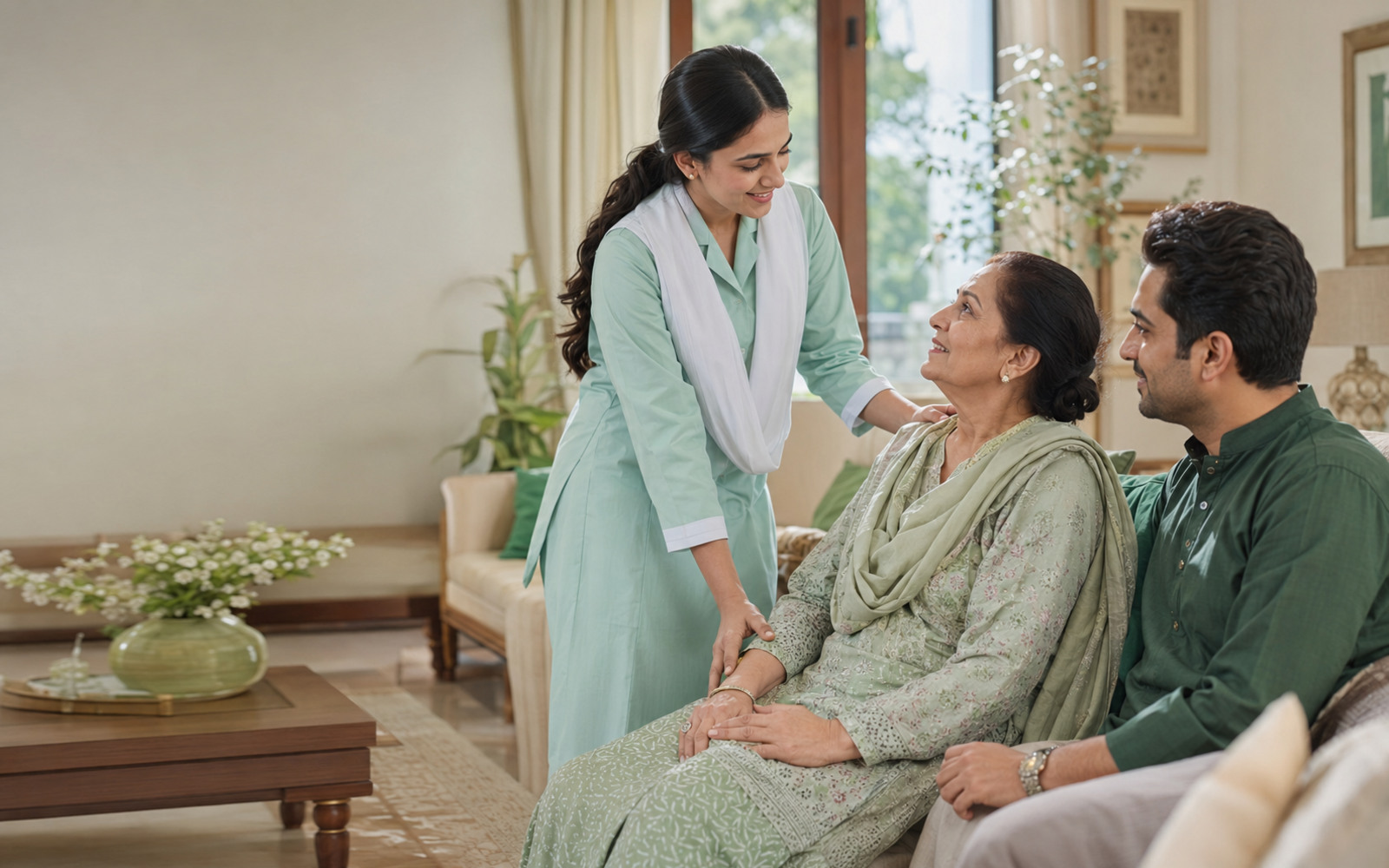 Professional caregiver supporting an elderly woman